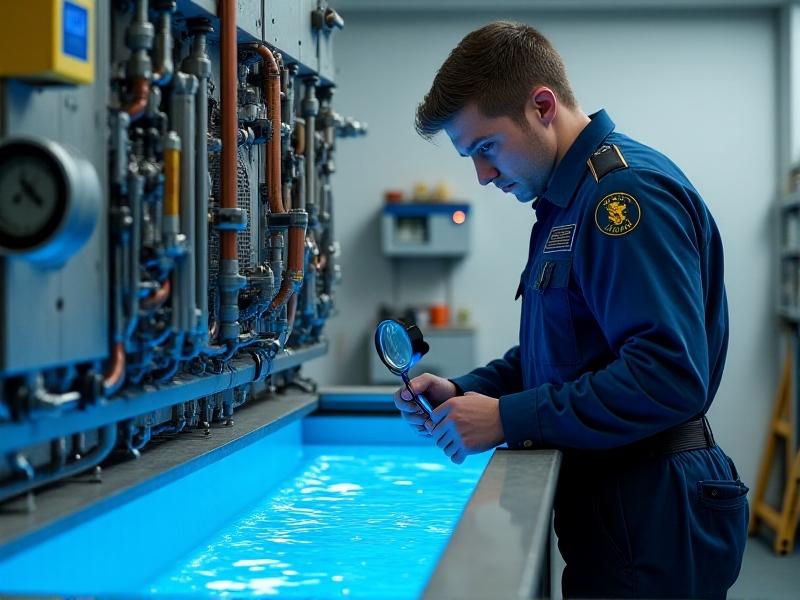 A technician in a blue uniform inspecting a cold plunge tank’s chiller unit, with tools like a wrench and pressure gauge laid out on a toolkit, in a well-lit maintenance room with white walls and industrial flooring, conveying professionalism and thoroughness.