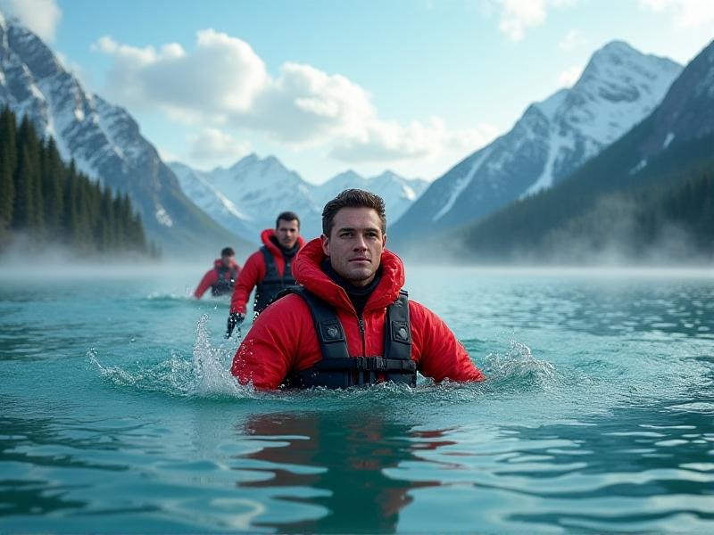 Search-and-rescue team practicing the Cold Water Entry Drill in a mountain lake. A team member in a red drysuit performs the seated entry method while others stabilize the boat. Snow-capped peaks reflect in calm turquoise waters under scattered cirrus clouds.