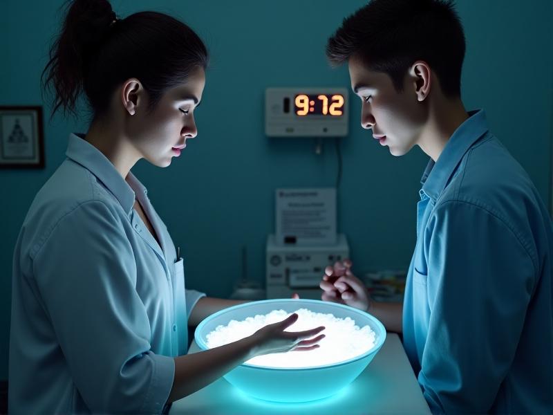 A person in a controlled indoor environment dipping their hand into a bowl of ice water under a clinician's supervision. The focus is on the patient’s determined expression and the clinician’s timer, with a blurred background of medical charts and soft overhead lighting.