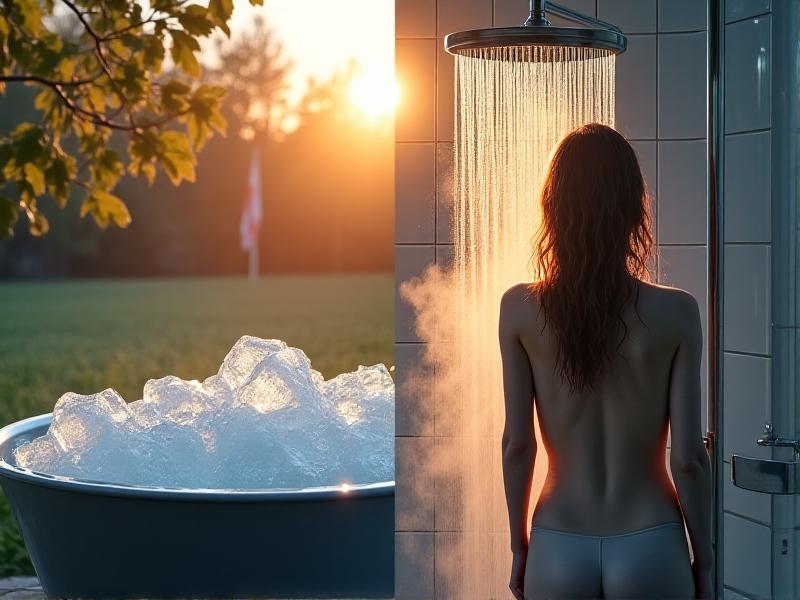 Side-by-side comparison of an ice bath and a cold shower. The left shows a steel tub filled with ice water in an outdoor setting with morning sunlight. The right depicts a person standing under a cold shower in a tiled bathroom, steam rising from their shoulders, capturing contrasting environments and techniques.