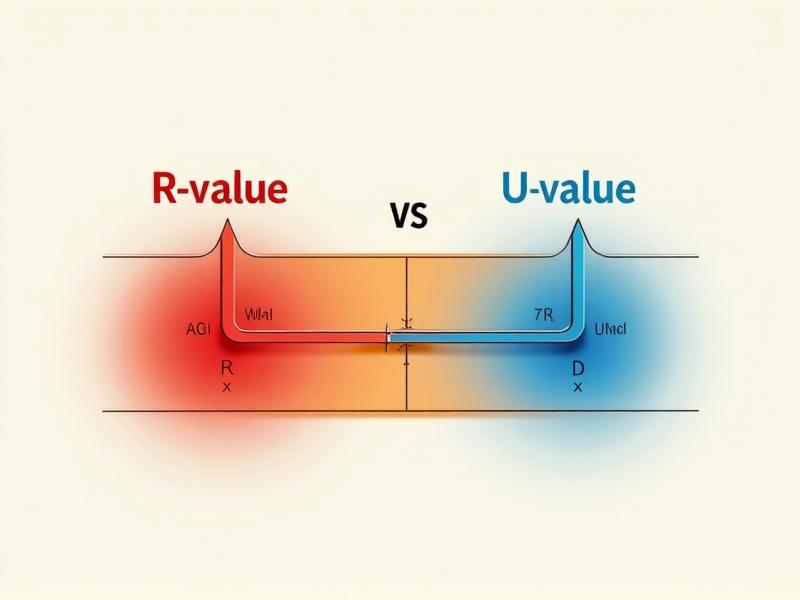 An educational diagram comparing R-value and U-value, with arrows depicting heat flow through red (warm) and blue (cold) gradients. Clean, technical art style with bold labels and minimalist colors.