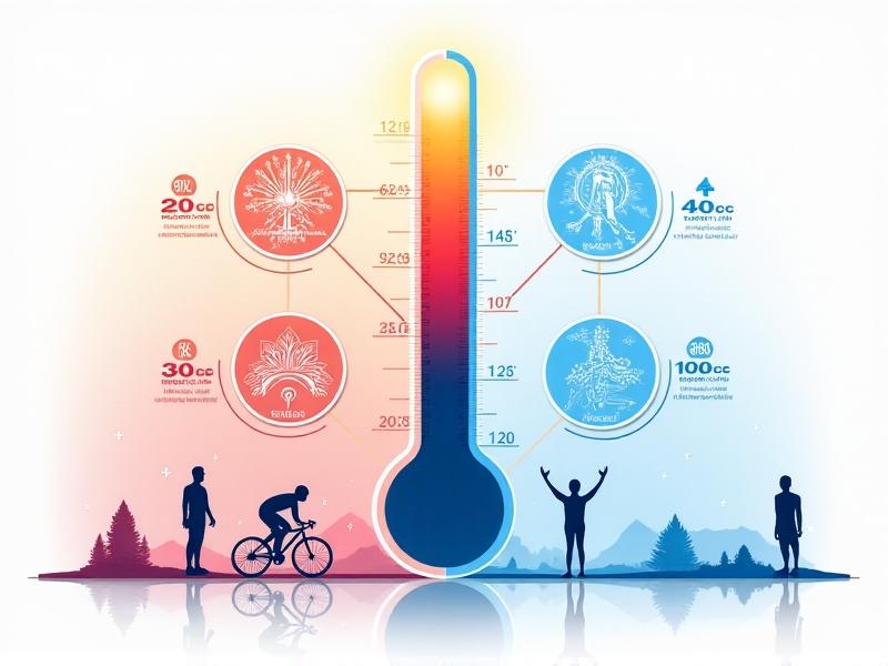 An infographic comparing heat-to-cold ratios with a split thermometer: left side glowing red at 45°C, right side frosty blue at 12°C. Icons of clocks and athletes highlight duration and application contexts, set on a gradient background merging warm and cool tones.