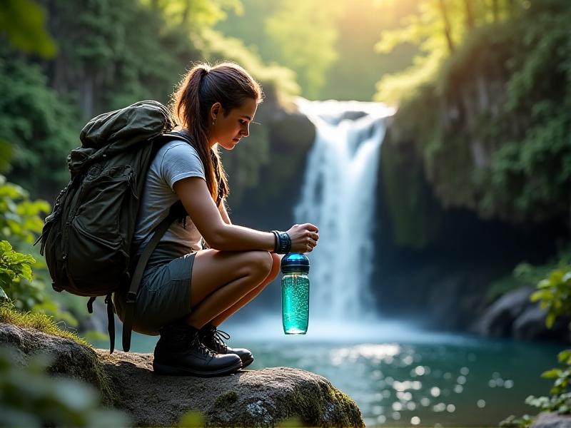 A backpacker in a sun-dappled forest crouches beside a waterfall, using a UV sterilizer pen inside a translucent water bottle. The device emits a soft blue light, with a faint digital readout showing 'SAFE' in green. Hiking gear, including a map and compass, lies on a rock nearby, conveying preparedness for wilderness hydration challenges.