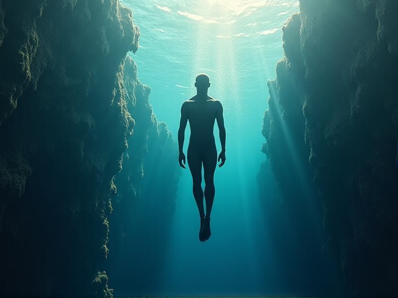 A freediver in deep blue ocean water, effortlessly gliding past coral reefs. Sunlight creates shimmering streaks around their streamlined body. The image captures tranquility and mastery over primal reflexes, with muted blues and sharp focus on the diver's purposeful movement.
