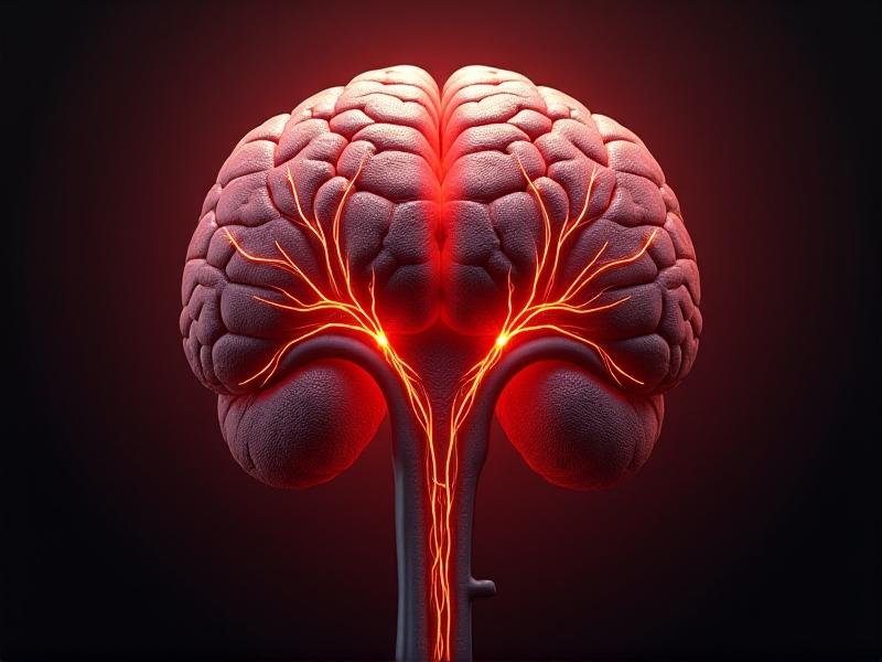 An anatomical diagram depicting the hypothalamus, pituitary gland, and adrenal glands interconnected by vivid crimson pathways. Artistic rendering combines realistic organ textures with abstract energy waves in gold and black, symbolizing cortisol's systemic effects. Dark background with dramatic lighting emphasizes stress physiology.