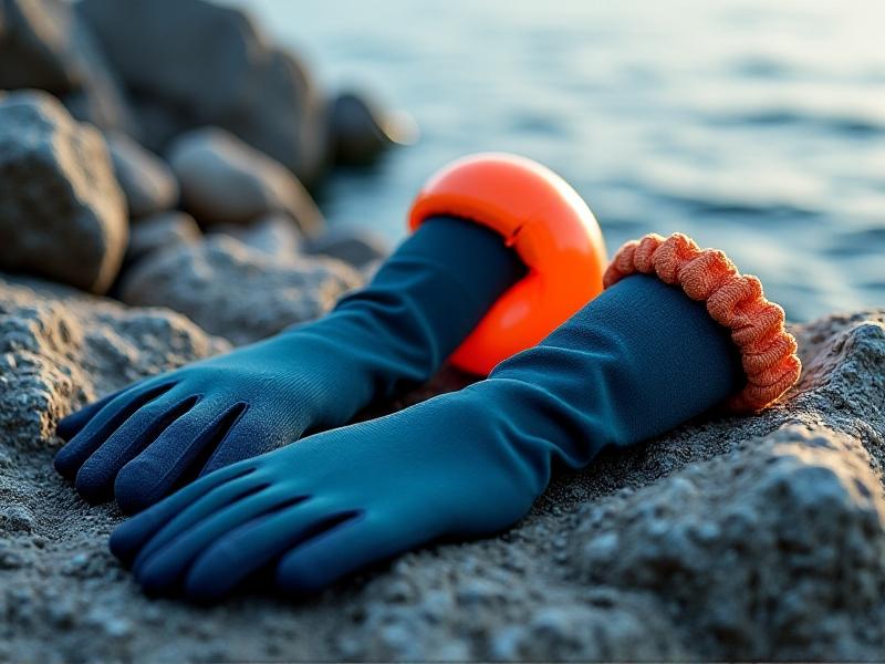 A neatly arranged collection of cold-water swimming gear: neoprene gloves, thermal swim socks, silicone ear covers, and a high-visibility swim buoy on a rocky shoreline. Soft morning light highlights the texture of each item, emphasizing practicality and preparation. Keywords: frostbite prevention, outdoor swim gear, cold water safety.