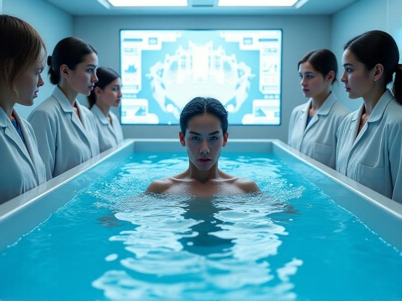 A laboratory setting with a person submerged up to their chest in an ice-filled tub, monitored by scientists in white coats. Equipment displays vitals like heart rate and cortisol levels. Stark lighting emphasizes sharp contrasts between icy blues and sterile whites. Hyper-realistic photo style with focus on droplets on skin and visible breath in cold air.